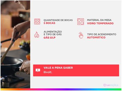 Imagem de Cooktop 5 bocas Atlas Agile Up Glass Mega Chama Acendimento Superautomático Preto Bivolt