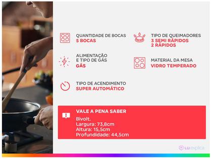 Cooktop 5 Bocas Electrolux a Gás GLP Preto - KE5GP Imagem de Cooktop 5 Bocas Electrolux a Gás GLP Preto