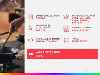 Cooktop 5 Bocas Electrolux a Gás GLP Preto - Tripla-chama KE5TP Imagem de Cooktop 5 Bocas Electrolux a Gás GLP Preto