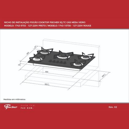 Imagem de Cooktop 5 Bocas Fischer a Gás com Tripla Chama e Mesa de Vidro Temperado Vermelho Bivolt