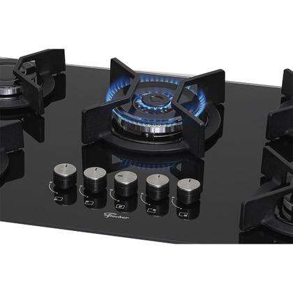 Imagem de Cooktop 5 Bocas Fischer Infinity Trempe De Ferro Tripla Chama à Gás Mesa De Vidro Preto Bivolt