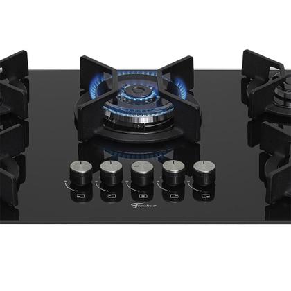 Imagem de Cooktop 5 Bocas Fischer Infinity Trempe De Ferro Tripla Chama à Gás Mesa De Vidro Preto Bivolt