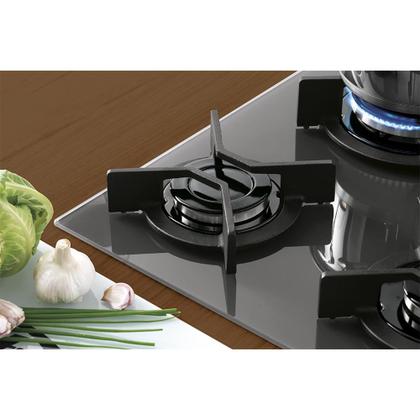 Imagem de Cooktop 5 Bocas Fischer Infinity Trempe De Ferro Tripla Chama à Gás Mesa De Vidro Preto Bivolt