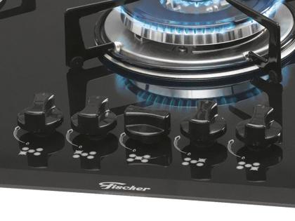 Imagem de Cooktop 5 Bocas Gás GLP Fischer Mesa de Vidro Preto Tripla Chama Acendimento Automático FITLINE