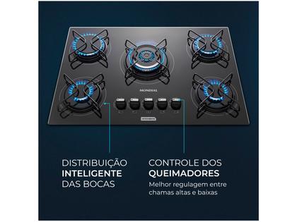 Cooktop 5 Bocas Mondial a Gás GLP Preto - Tripla-chama CTG-03 Imagem de Cooktop 5 Bocas Mondial a Gás GLP Preto
