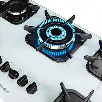 Imagem de Cooktop à Gás Mueller 5 bocas Tripla Chama Mesa Vidro Branco - Bivolt