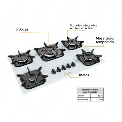 Imagem de Cooktop à Gás Mueller 5 bocas Tripla Chama Mesa Vidro Branco - Bivolt