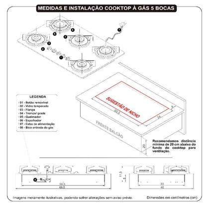Imagem de Cooktop fogatti à gás fgt 5b tc vidro preto flange inox bivolt