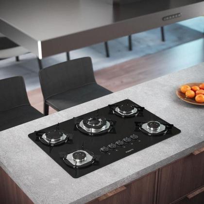 Imagem de Cooktop Fogatti à Gás Fgt 5b Tc Vidro Preto Flange Inox Preto Bivolt