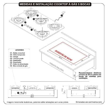 Imagem de Cooktop Fogatti à Gás Fgt 5b Tc Vidro Preto Flange Inox Preto Bivolt