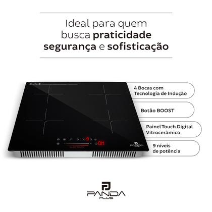 Imagem de Cooktop Indução 4 Bocas PandaPlus 7000W Turbo Preto 220V Vitrocerâmico Touch Embutir Trava Segurança Premium