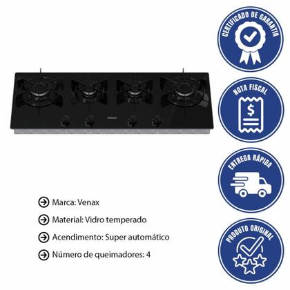 Imagem de Cooktop Venax Linear Arena 4 Bocas Preto De Embutir A Gás Em Vidro Temperado Bivolt P24629