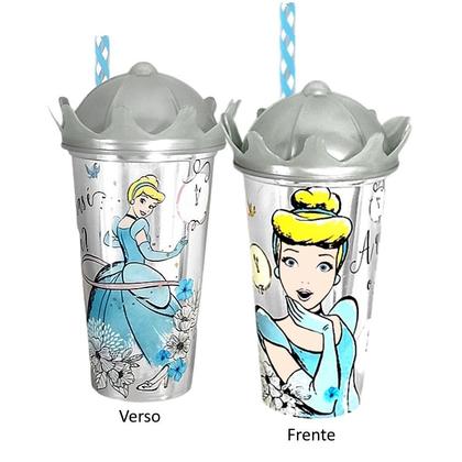 Imagem de Copo 500ml com Canudo e Tampa de Coroa Cinderela para Refri e Suco Infantil