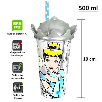 Imagem de Copo 500ml com Canudo e Tampa de Coroa Cinderela para Refri e Suco Infantil