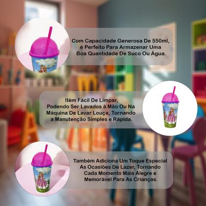 Imagem de Copo 550ml com Estampa de Princesa Tampa Sorvete e Canudo Ideal para Festas