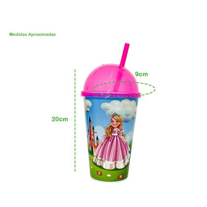 Imagem de Copo 550ml com Estampa de Princesa Tampa Sorvete e Canudo Ideal para Festas