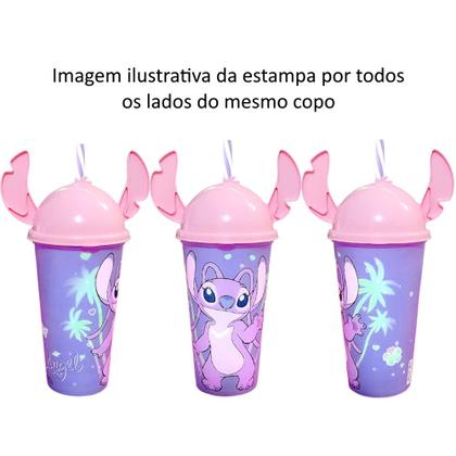 Imagem de Copo Angel Stitch Rosa Infantil com Orelhas e canudo 500ml Original Plasútil