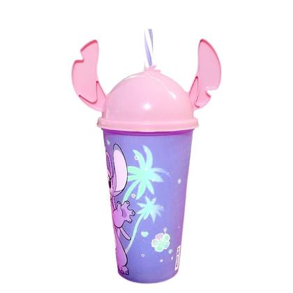 Imagem de Copo Angel Stitch Rosa Infantil com Orelhas e canudo 500ml Original Plasútil