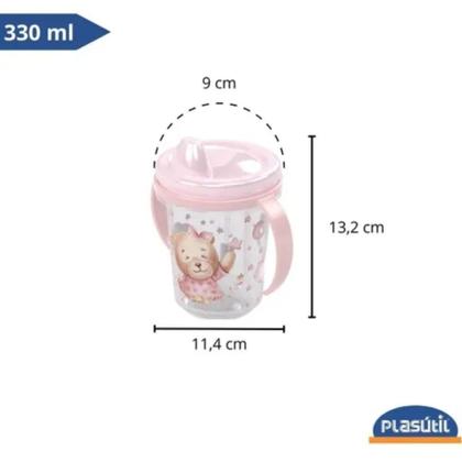 Imagem de Copo Caneca Infantil de plástico com alça e tampa protetora 330ml Plasútil
