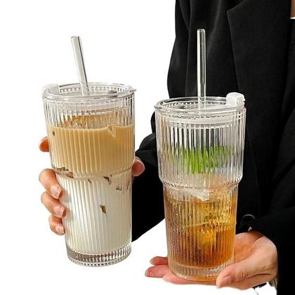 Imagem de Copo De Café De Vidro Transparente De 600ML Com Tampa E Canudo Para Suco, Chá Com Leite, Café Gelado
