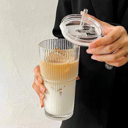 Imagem de Copo De Café De Vidro Transparente De 600ML Com Tampa E Canudo Para Suco, Chá Com Leite, Café Gelado
