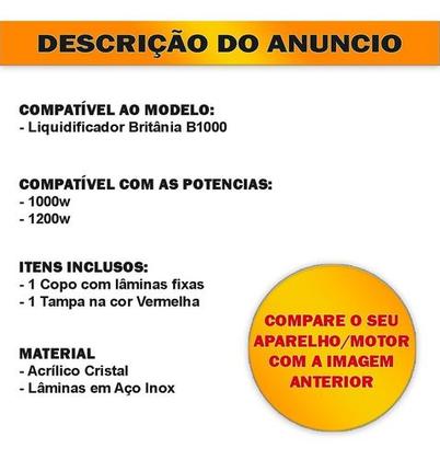 Imagem de Copo de Liquidificador Compatível Britânia B1000 Cristal Tampa Vermelha