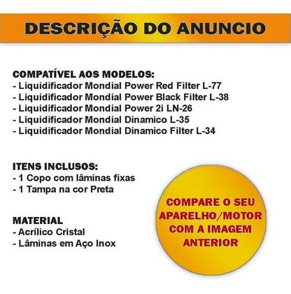 Imagem de Copo De Liquidificador Compatível Mondial Power Black Mondial Dinamico Line L28 L26 Preto