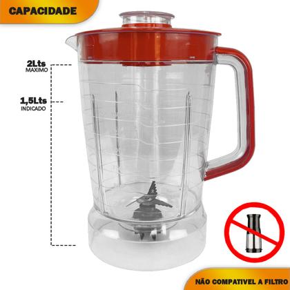 Imagem de Copo de Liquidificador Compatível PH900 Cristal Tampa Vermelha