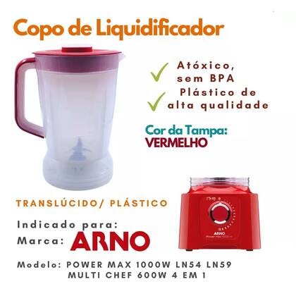 Imagem de Copo de Liquidificador Serve Para Arno Power Max 1000W e 700W Translúcido Vermelho