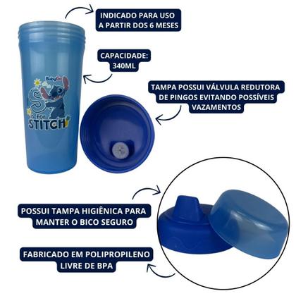Imagem de Copo De Transição Infantil Azul Com Tampa Stitch Premium 340ml
