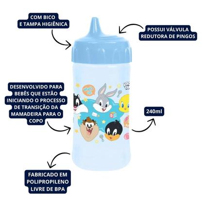 Imagem de Copo De Transição Infantil C/ Válvula Redutora de Pingos Azul 240ml Looney Tunes BabyGo