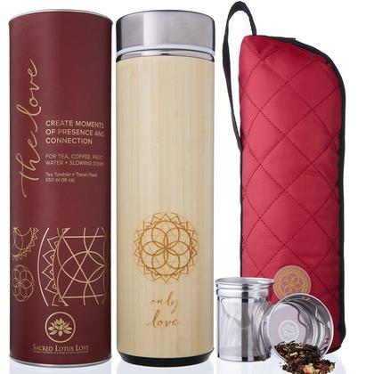 Imagem de Copo de viagem de chá de bambu isolado com infusor, peneira e capa  para café quente ou chá frio, caneca de café de aço inoxidável, conjunto de presente de chá ideal para amantes de chá, mantém as bebidas quentes por mais tempo