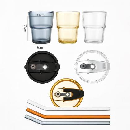 Imagem de Copo de Vidro com Canudo 450ml e Protetor de Couro - Com Tampa Preto Fume