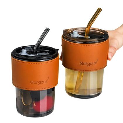 Imagem de Copo De Vidro Com Canudo Tampa e Vedação 450ML Dourado
