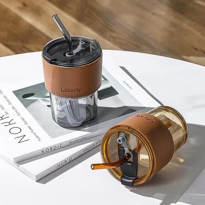 Imagem de Copo De Vidro Com Canudo Tampa e Vedação 450ML Dourado