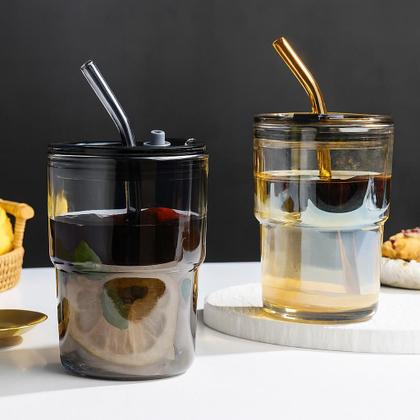 Imagem de Copo De Vidro Com Canudo Tampa e Vedação 450ML Dourado