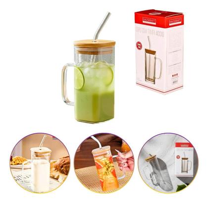 Imagem de Copo de Vidro Estilo Caneca Quadrada Com Tampa Bambu Canudo Vidro 290ml Bebidas Hauskraft