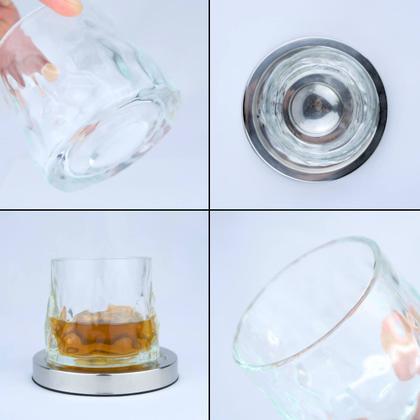 Imagem de Copo de Vidro Para Whisky Cristal Giratório 150ml com Base de Aço Inox e Textura 3D Bar Luxo