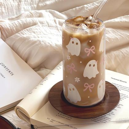 Imagem de Copo de vidro SANDJEST Halloween 480 ml com tampa e canudo