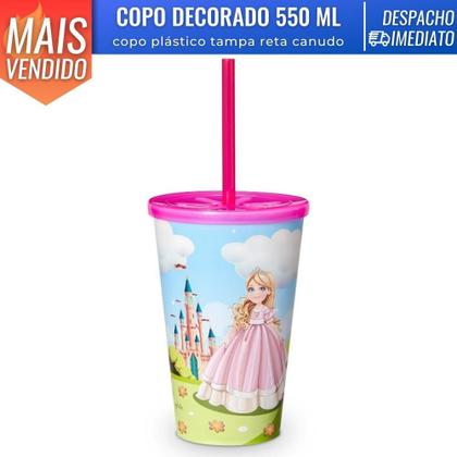 Imagem de Copo Decorado Infantil 550 ml Plástico c/ Tampa Reta e Canudo