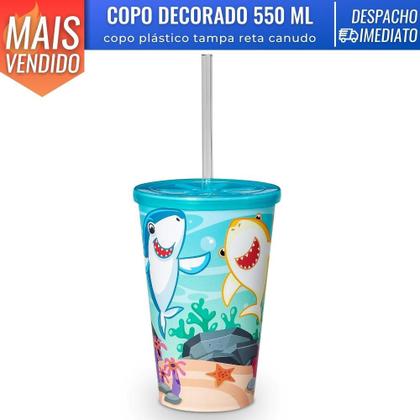 Imagem de Copo Decorado Infantil 550 ml Plástico c/ Tampa Reta e Canudo