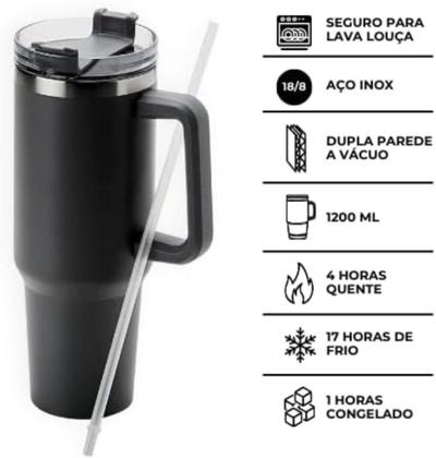 Imagem de Copo Garrafa Térmica em Aço Inox Com Alça e Canudo 1200ml - Wari