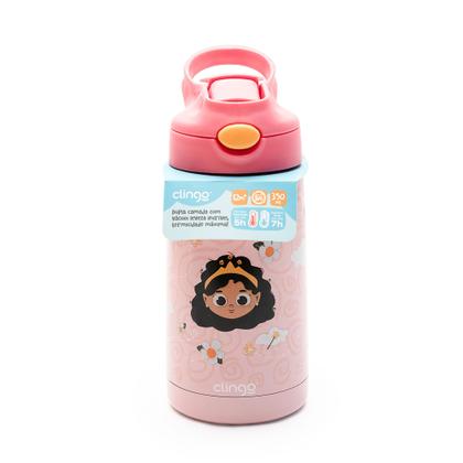Imagem de Copo Garrafa Térmica Infantil Rosa Inox Com Canudo Princesa