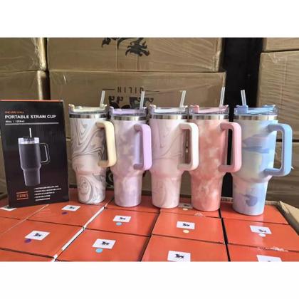 Imagem de Copo Garrafa Térmico em Mármore Colorido com Canudo 1200 ML