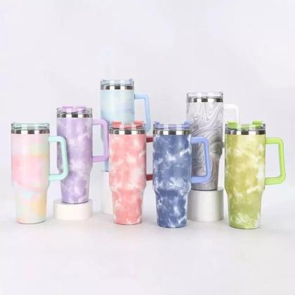 Imagem de Copo Garrafa Térmico em Mármore Colorido com Canudo 1200 ML