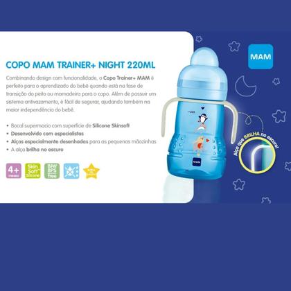 Imagem de Copo MAM Trainer Night 220ml Bico Silicone Antivazamento Brilha no Escuro para Transição de Bebês 4 Meses Noite Azul