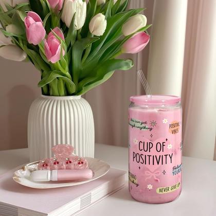 Imagem de Copo para beber SANDJEST 470ml de vidro com tampa e canudo