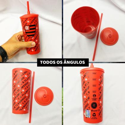 Imagem de Copo Plástico Vermelho Preto Com Tampa Canudo 500ml Infantil Bebidas Flamengo Oficial