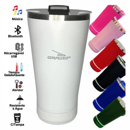Copo Térmico Caixa De Som Bluetooth Led Tampa Abridor 473Ml - Grasep Imagem de Copo Térmico Caixa De Som Bluetooth Led Tampa Abridor 473Ml