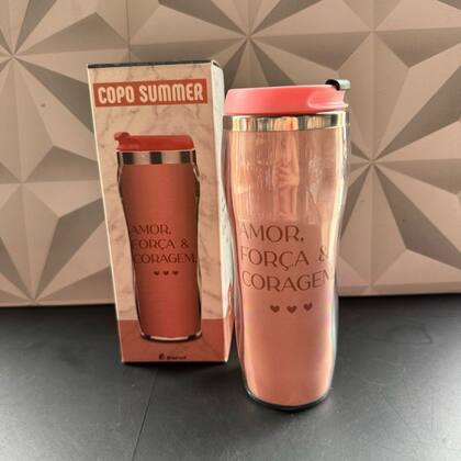 Imagem de Copo térmico com frase motivacional rosa amor força e coragem com tampa para água cerveja garrafinha termico decorado